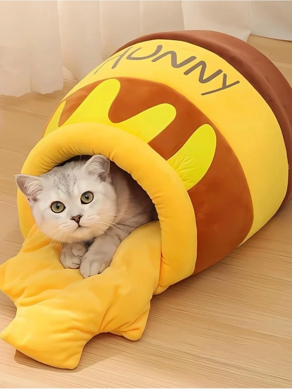 Yellow Brown Honey Jar Cat Bed - Cozy Plush Pet Cave